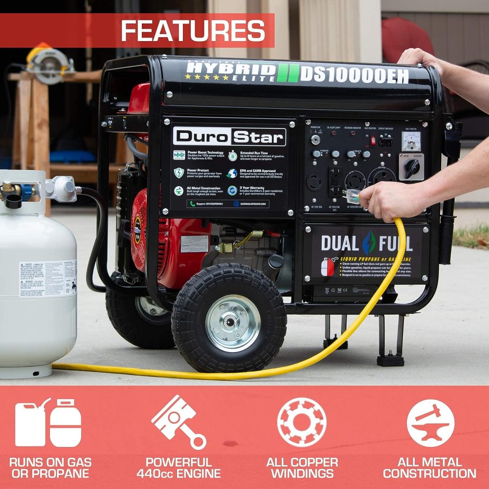 DS10000EH Generador portátil de Doble Combustible, 10000 W, Arranque eléctrico, Respaldo en casa y Listo para RV, Aprobado por 50 Estados, Rojo/Negro