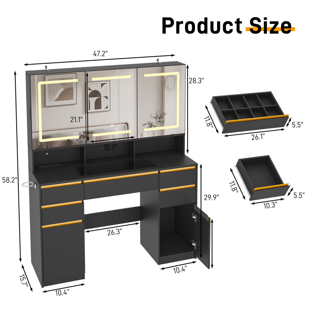Tocador grande de 47" con espejo con luz LED, toma de corriente y 7 cajones, juego de tocador con taburete de almacenamiento y soporte para secador de pelo.