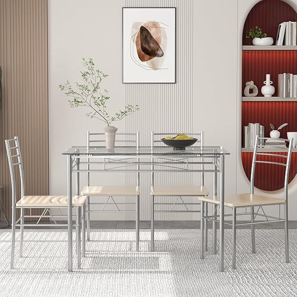 juego de mesa de comedor con mesa de vidrio para 4, Negro