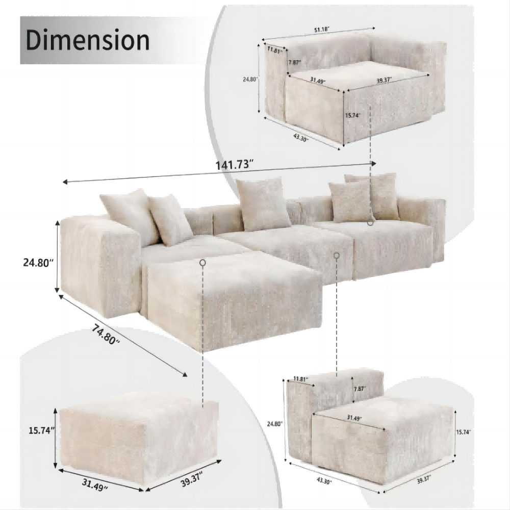 Sofá modular beige de gran tamaño con chaise longue y otomana