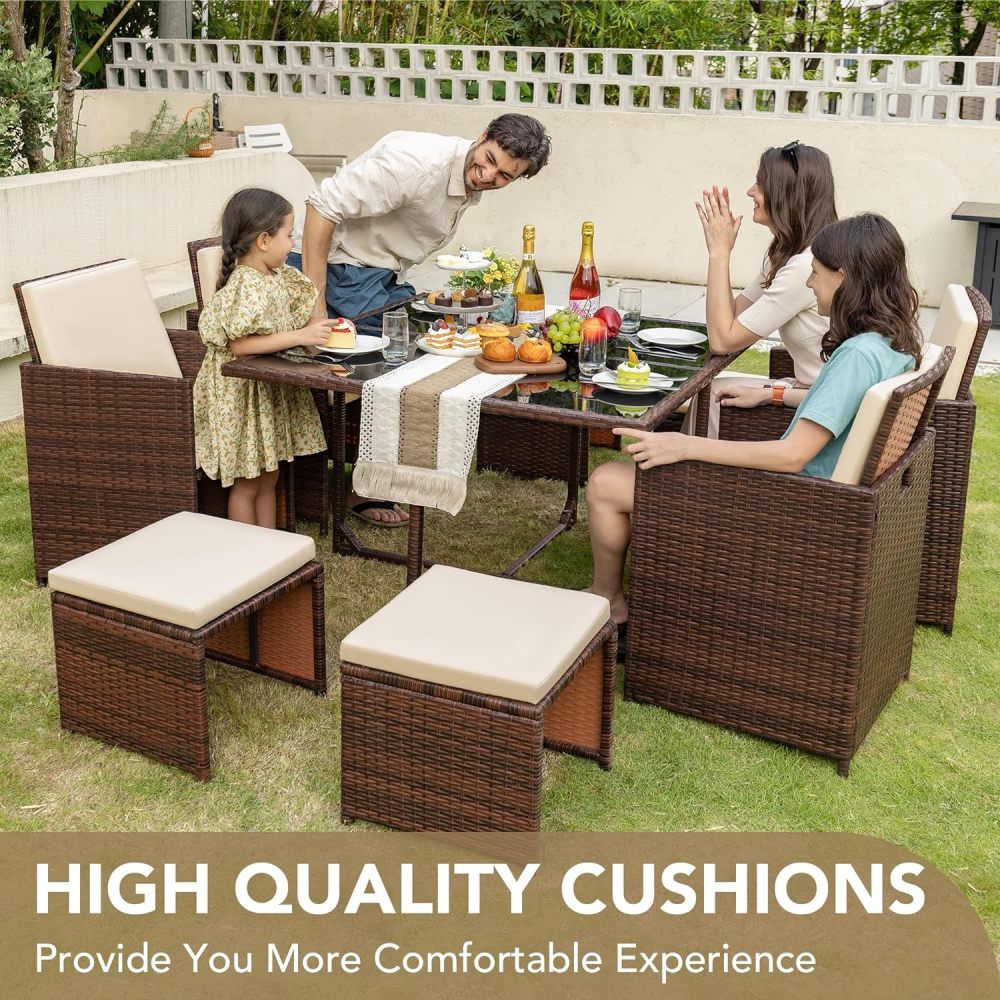 Devoko - Juego de 9 sillas de ratán para patio con mesa de vidrio y mesa de patio con asiento acolchado y parte trasera (beige)