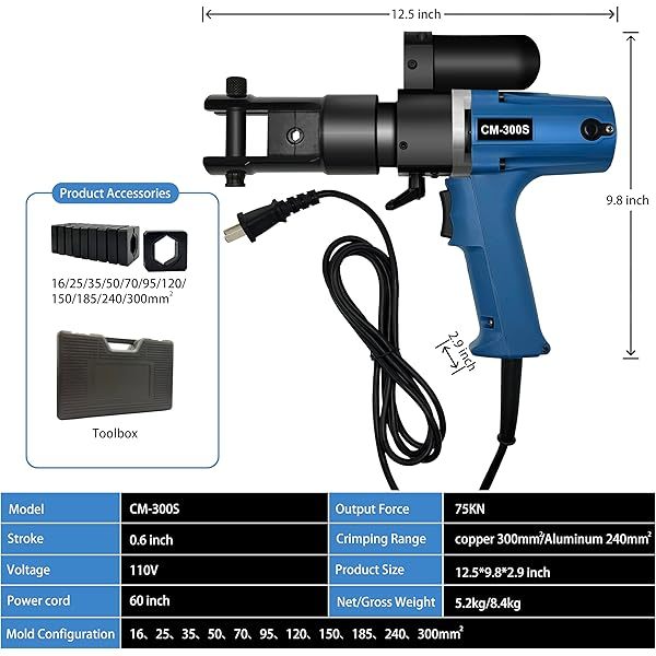 Herramienta hidráulica para prensar cables eléctricos de batería, crimpadora de lengüetas, 75 KN, kit de herramientas para prensar cables eléctricos, 11 moldes (CM-300S)