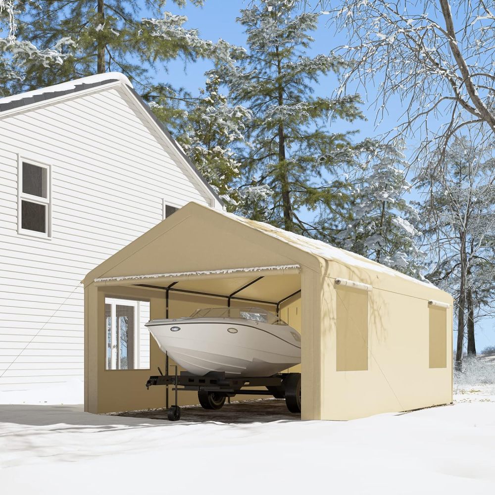Gardesol Carport, 12'x20' extra grande y resistente con ventanas enrollables ventiladas, garaje portátil con paredes laterales y puertas extraíbles para coche, camión, SUV, toldo para coche con lona para todas las estaciones, color beige