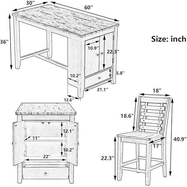 Juego de mesa de comedor de altura de mostrador con 4 sillas, mesa de cocina de madera maciza con gabinete de almacenamiento y cajón, tablero de mesa de mármol sintético, color negro