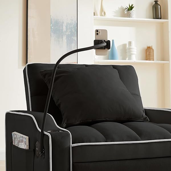 Sofá cama extraíble 3 en 1, sillón convertible individual, sofá cama de terciopelo para invitados, futón decorativo, sillón ajustable con USB, portavasos, soporte para teléfono, bolsillos laterales y almohada lumbar