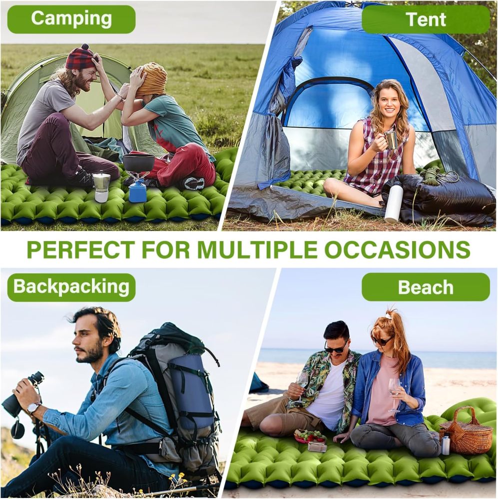 Almohadilla de dormir doble autoinflable de 4 pulgadas extra gruesa para 2 personas con almohada integrada con bomba de pie hinchable