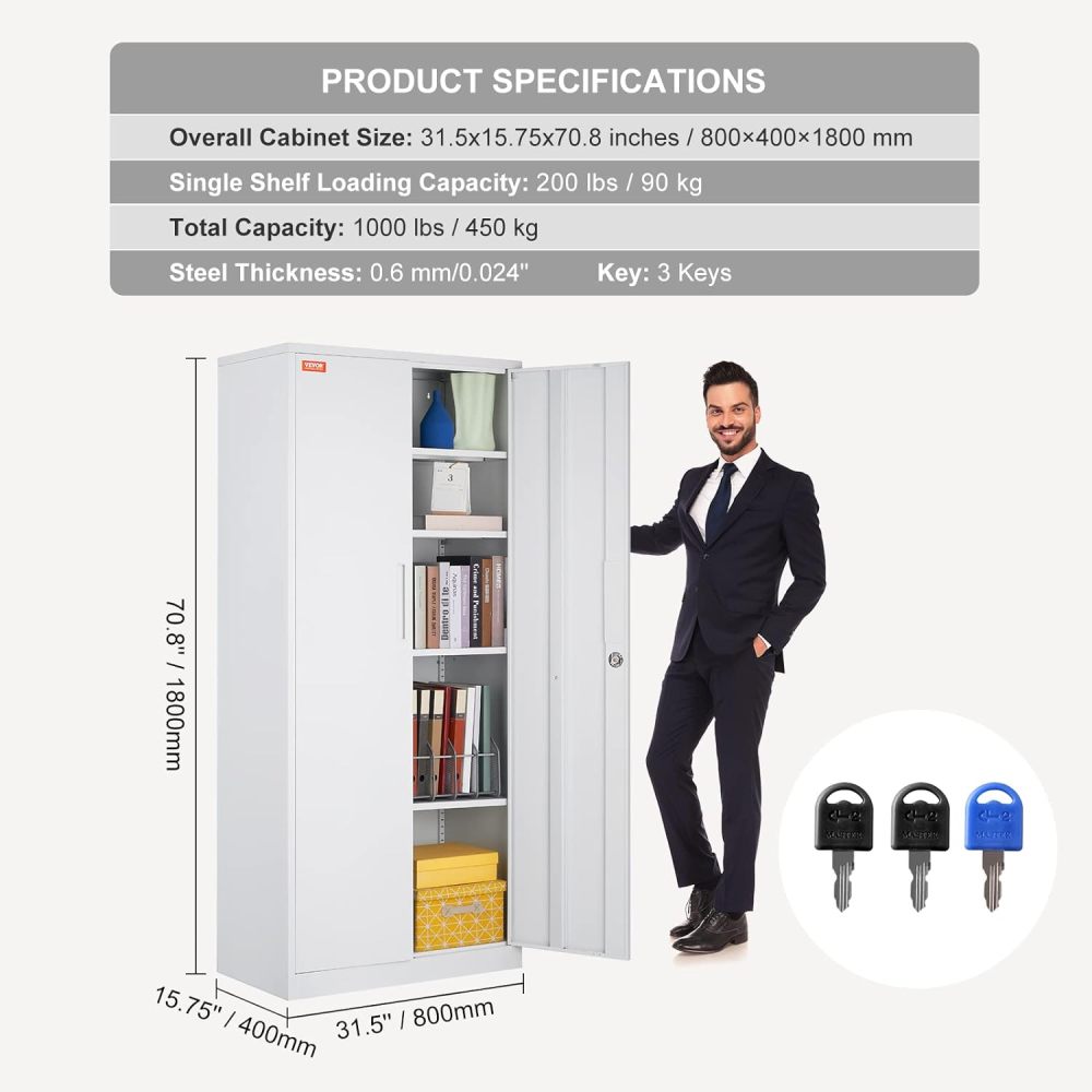 Metal Storage Cabinet with Wheels, 75'' Locking Steel Storage Cabinet with 2 Magnetic Doors and 4 Adjustable Shelves for Office, Garage, Home