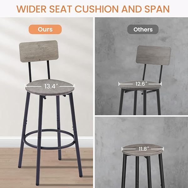 Sillas de comedor, juego de altura de mostrador industrial con respaldo tapizado y reposapiés, para el hogar y la cocina, mesa de desayuno gris, mesa de bar con 4 taburetes con asiento de PU