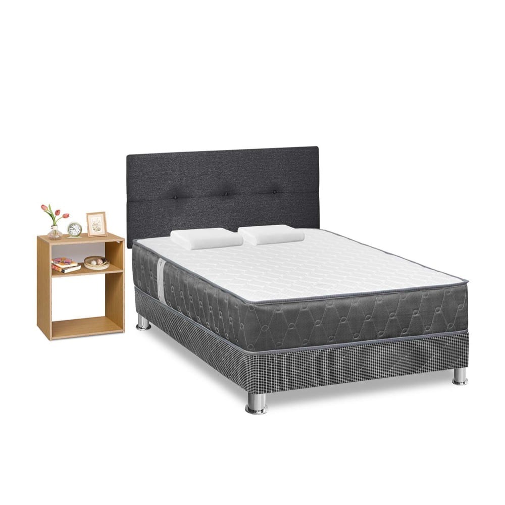 Dormitorio Acqua 2 Plazas + Velador Turin Beige + Respaldo Gris