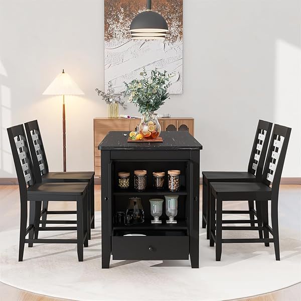 Juego de mesa de comedor de altura de mostrador con 4 sillas, mesa de cocina de madera maciza con gabinete de almacenamiento y cajón, tablero de mesa de mármol sintético, color negro