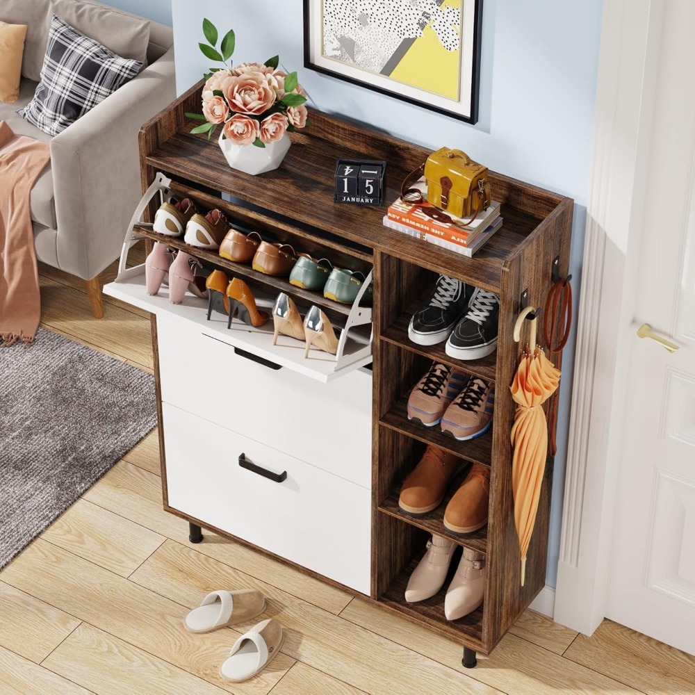 Tribesigns Shoe Cabinet, Flip Drawers Shoe Storage Cabinet for Entryway with 3 Flip Drawers and 5 Shelves, Freestanding Shoes