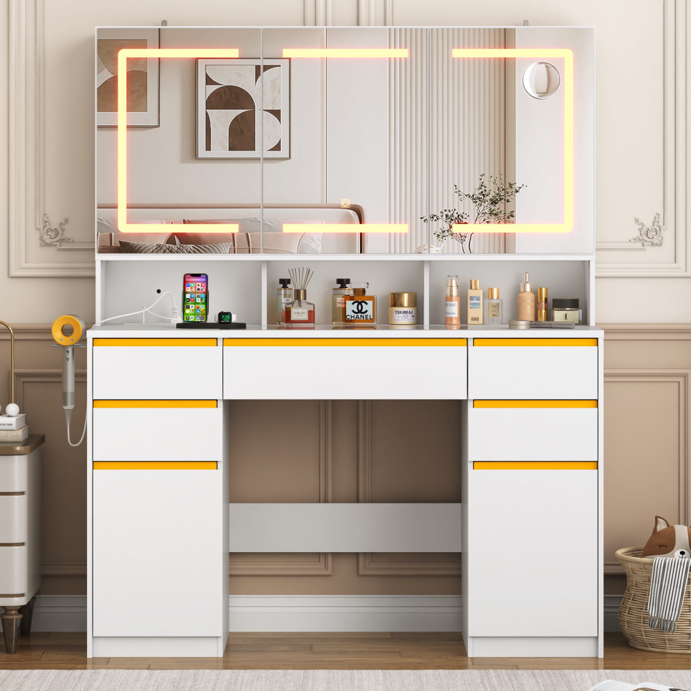 Tocador grande de 47" con espejo con luz LED, toma de corriente y 7 cajones, juego de tocador con taburete de almacenamiento y soporte para secador de pelo.