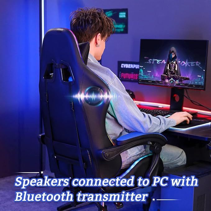 Silla para Juegos con Altavoces Bluetooth y Luces LED RGB, Silla ergonómica de Videojuegos de Masaje con reposapiés de Respaldo Alto con Soporte Lumbar Azul y Negro