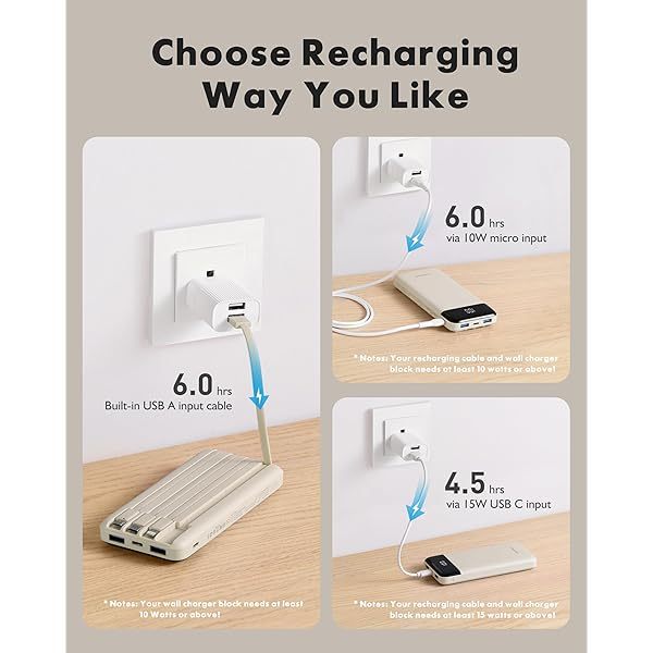 Portable Charger with Built in Cables, Portable Charger with Cords Wires Slim 10000mAh Travel Essentials Battery Pack 6 Outputs 3A High Speed Power Bank for iPhone Samsung Pixel LG Moto iPad A-Black