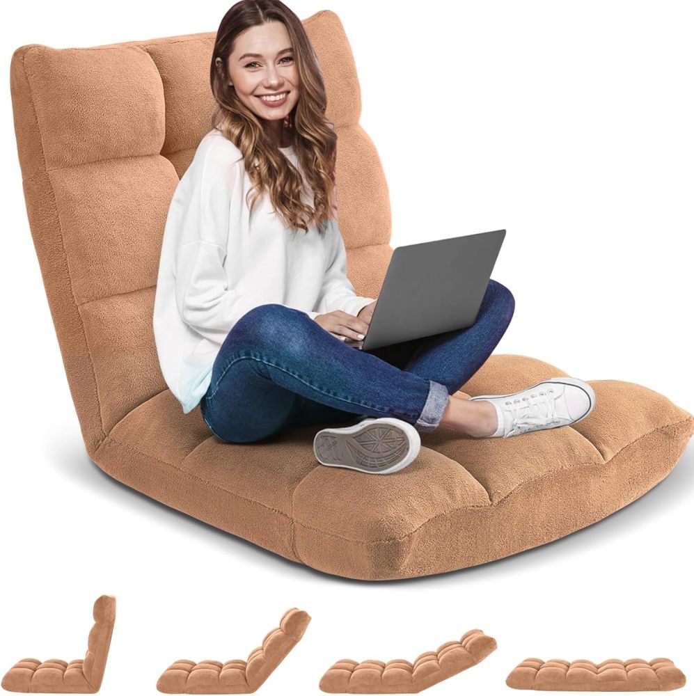 Folding Floor Gaming Chair Cushioned Adjustable Lazy Sofa Chair/Flannel for Adults&Kids Perfect for ReadingGamingCamel