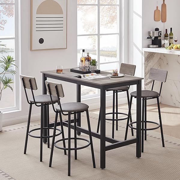 Sillas de comedor, juego de altura de mostrador industrial con respaldo tapizado y reposapiés, para el hogar y la cocina, mesa de desayuno gris, mesa de bar con 4 taburetes con asiento de PU