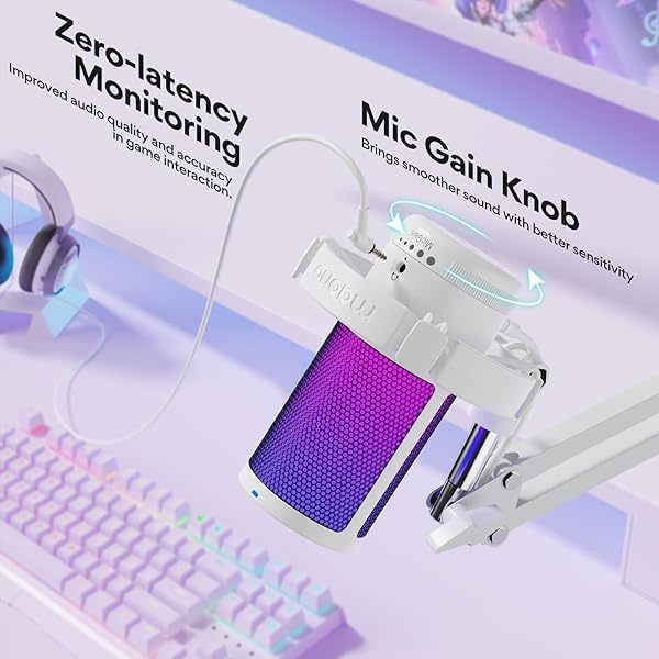 Micrófono USB para juegos, micrófono de condensador con cancelación de ruido, silenciador, ganancia, monitoreo y brazo articulado para transmisión