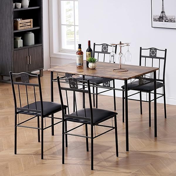 juego de mesa de comedor con mesa de vidrio para 4, Negro