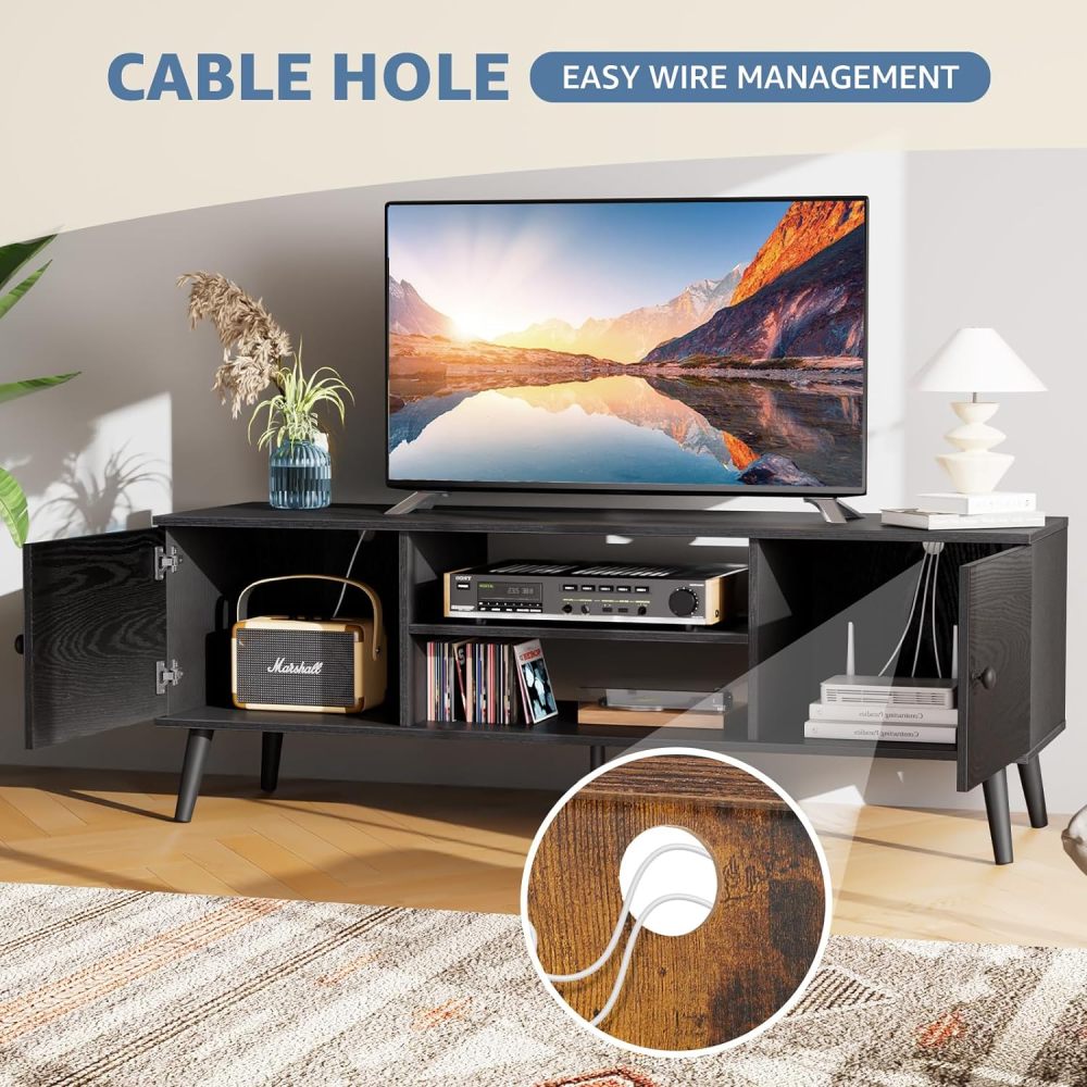 Soporte de TV para TV de 55 a 60 Pulgadas, Centro de Entretenimiento con clóset de Almacenamiento, Mesa Moderna de Consola Multimedia de Mediados de Siglo, bisagra Ajustable, Muebles de