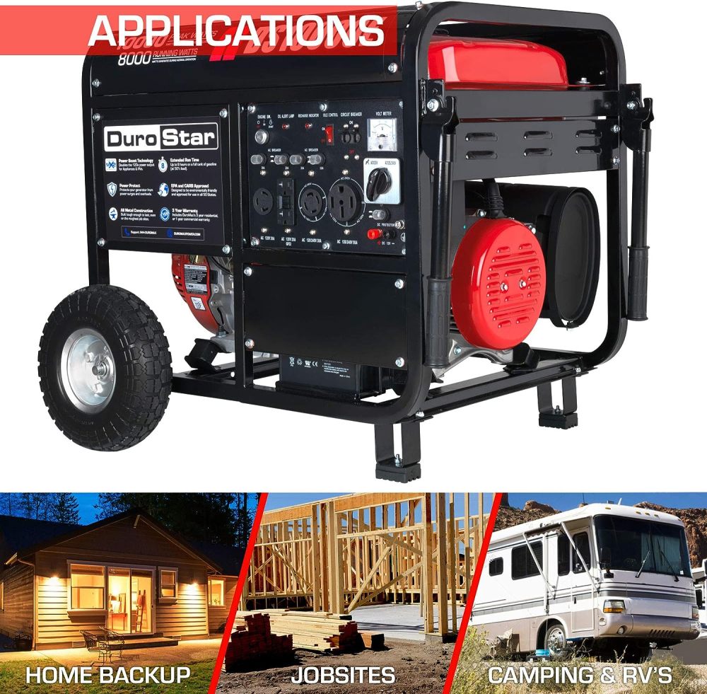 DS10000EH Generador portátil de Doble Combustible, 10000 W, Arranque eléctrico, Respaldo en casa y Listo para RV, Aprobado por 50 Estados, Rojo/Negro
