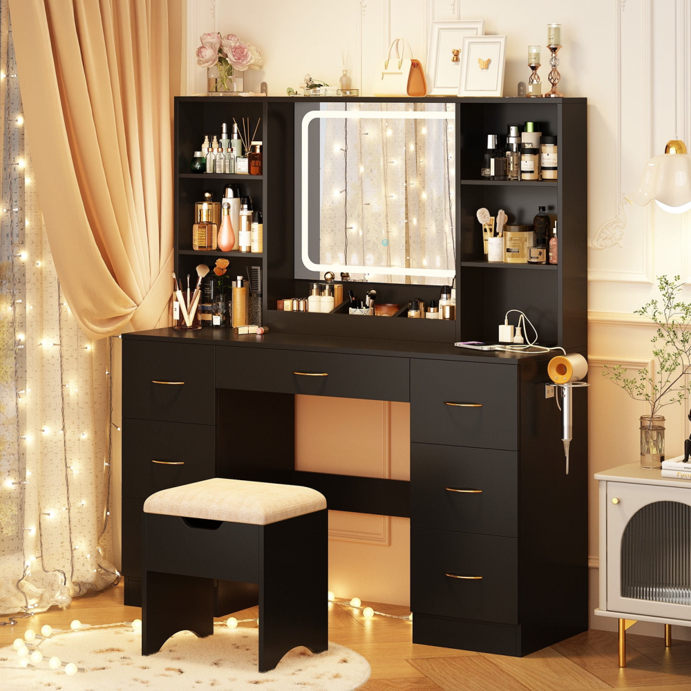 Tocador grande de 47" con espejo con luz LED, toma de corriente y 7 cajones, juego de tocador con taburete de almacenamiento y soporte para secador de pelo.