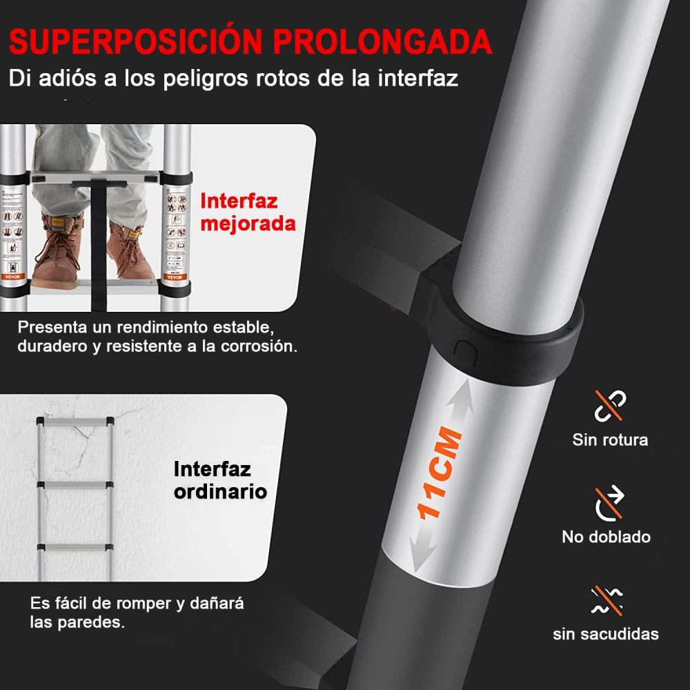 Escalera Telescópica de 3.8 Metros, Escalera de Telescópica de Aluminio Soporta 150 kg, Plegable De retracción Multiusos Extensible Compacta y Portátil De Escalón-Guantes antideslizantes anti