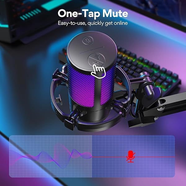 Micrófono USB para juegos, micrófono de condensador con cancelación de ruido, silenciador, ganancia, monitoreo y brazo articulado para transmisión