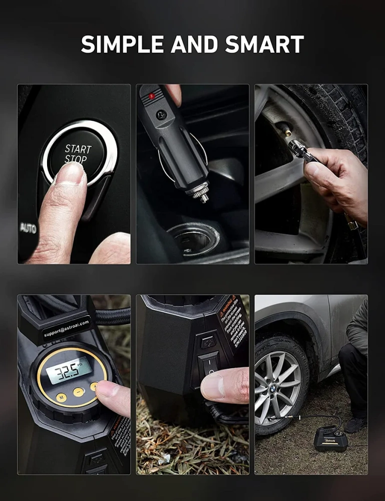 Inflador de Llantas Digital Automatico, Compresor de Aire Portatil para Auto 12V con Bomba Electrico con Pantalla LCD, Luz LED, Kit de Adaptadores y Fusible AMARILLO