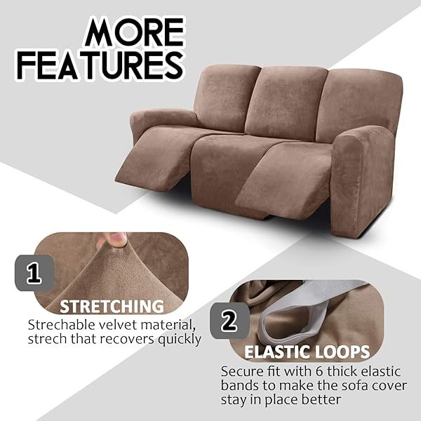 Fundas de sofá reclinables de terciopelo de 8 piezas, fundas elásticas para sofá reclinable de 3 cojines, fundas para sofá reclinable, muebles