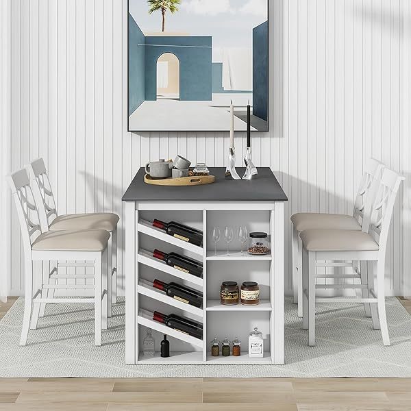 Juego de mesa de comedor de altura de mostrador con 4 sillas, mesa de cocina de madera maciza con gabinete de almacenamiento y cajón, tablero de mesa de mármol sintético, color negro