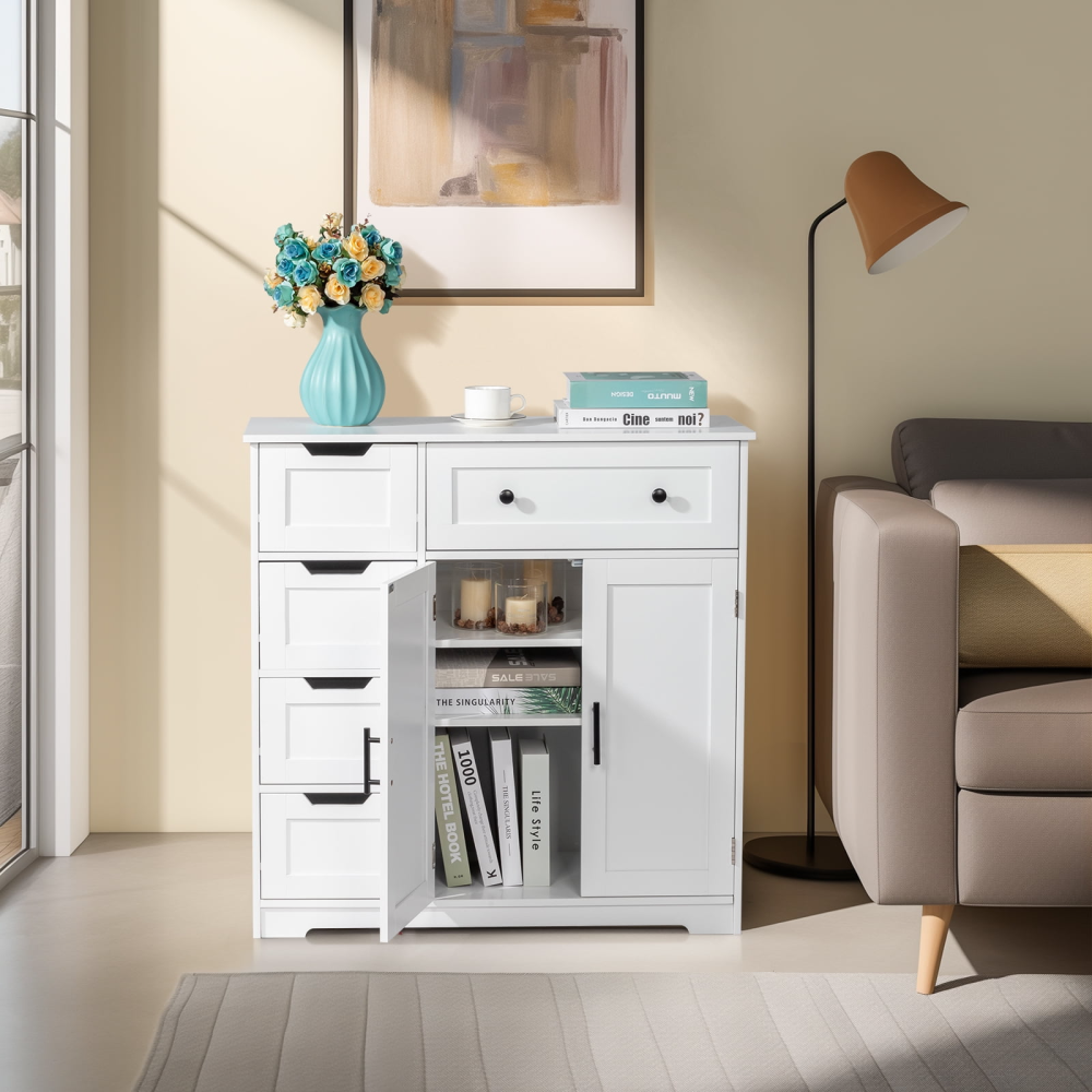 Mueble de baño de madera con 5 cajones y 1 armario, para entrada de salón, color blanco