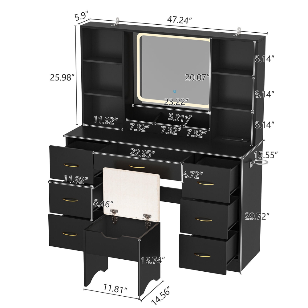 Tocador grande de 47" con espejo con luz LED, toma de corriente y 7 cajones, juego de tocador con taburete de almacenamiento y soporte para secador de pelo.