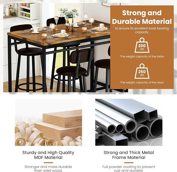 Juego de Mesa de Comedor para 4 Bar, Mesa de Cocina y sillas para 4 Personas, Mesa de Altura con 4 taburetes tapizados de Piel sintética, Mesa de Cena, Juego de Mesa de Desayuno para