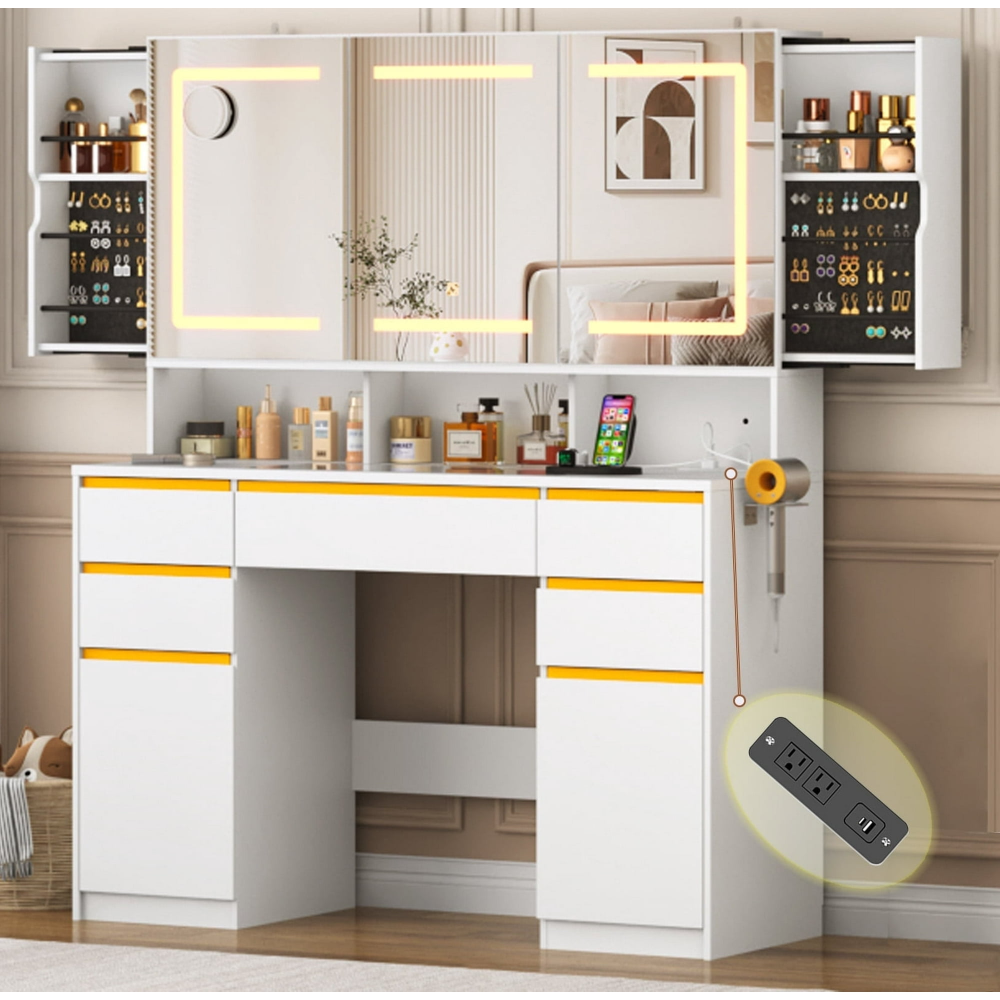 Tocador grande de 47" con espejo con luz LED, toma de corriente y 7 cajones, juego de tocador con taburete de almacenamiento y soporte para secador de pelo.
