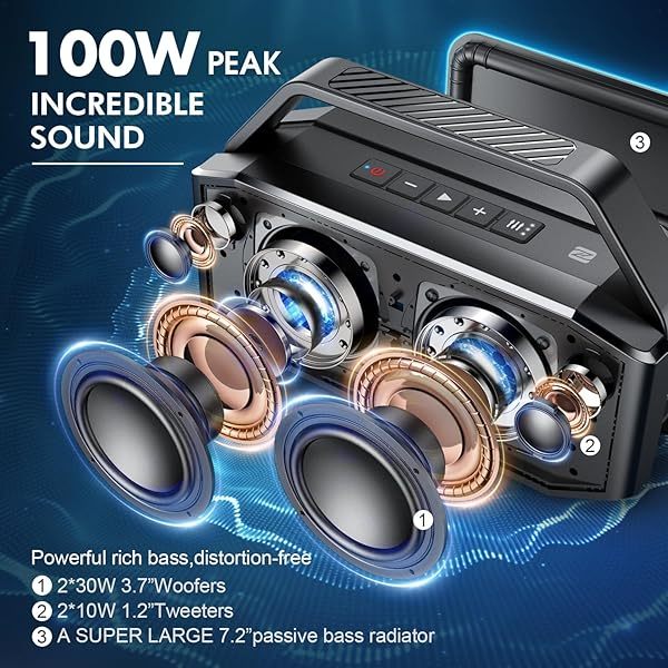 Altavoz Bluetooth - 100 W pico 60 W RMS graves profundos, IPX6 altavoces Bluetooth portátiles resistentes al agua inalámbricos con subwoofer