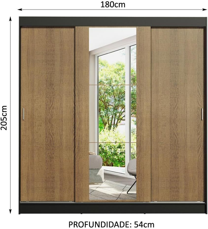 Armario de madera maciza de 3 puertas con 1 espejo - Negro/Marrón