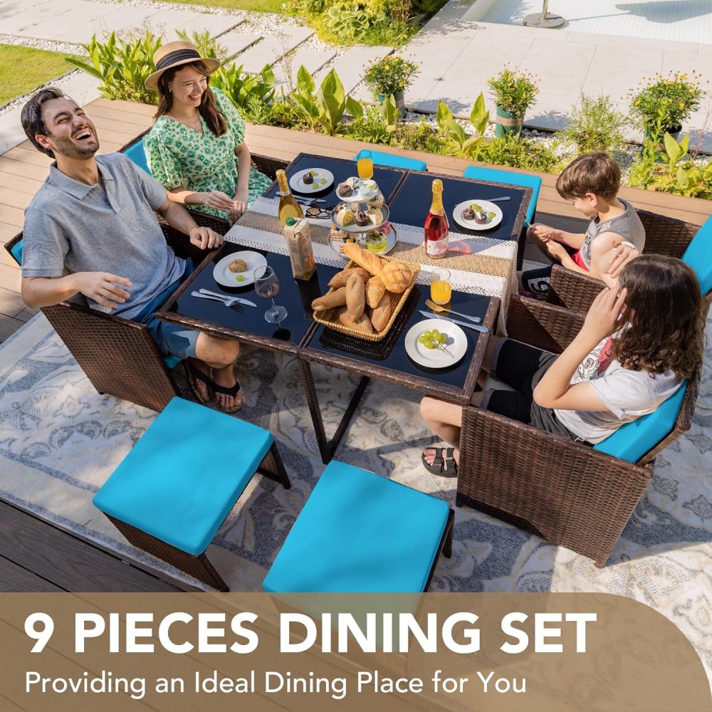Devoko - Juego de 9 sillas de ratán para patio con mesa de vidrio y mesa de patio con asiento acolchado y parte trasera (beige)