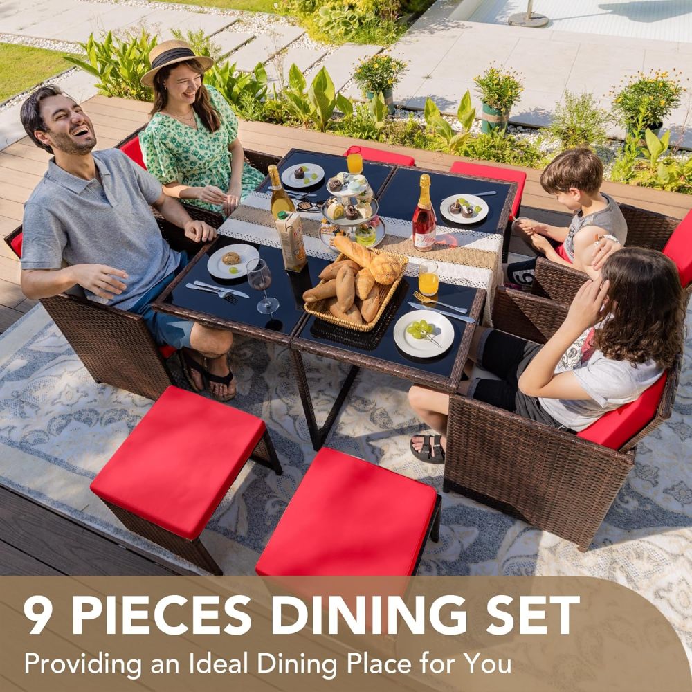 Devoko - Juego de 9 sillas de ratán para patio con mesa de vidrio y mesa de patio con asiento acolchado y parte trasera (beige)