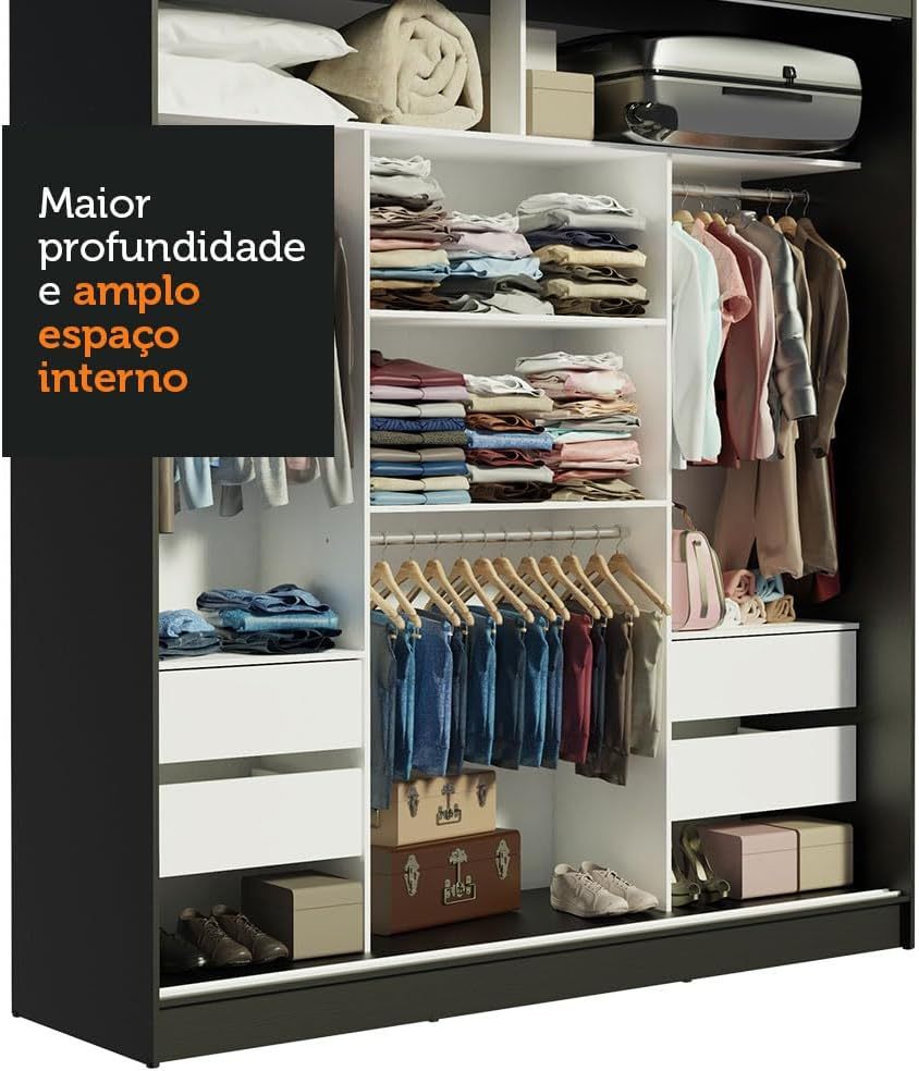 Armario de madera maciza de 3 puertas con 1 espejo - Negro/Marrón