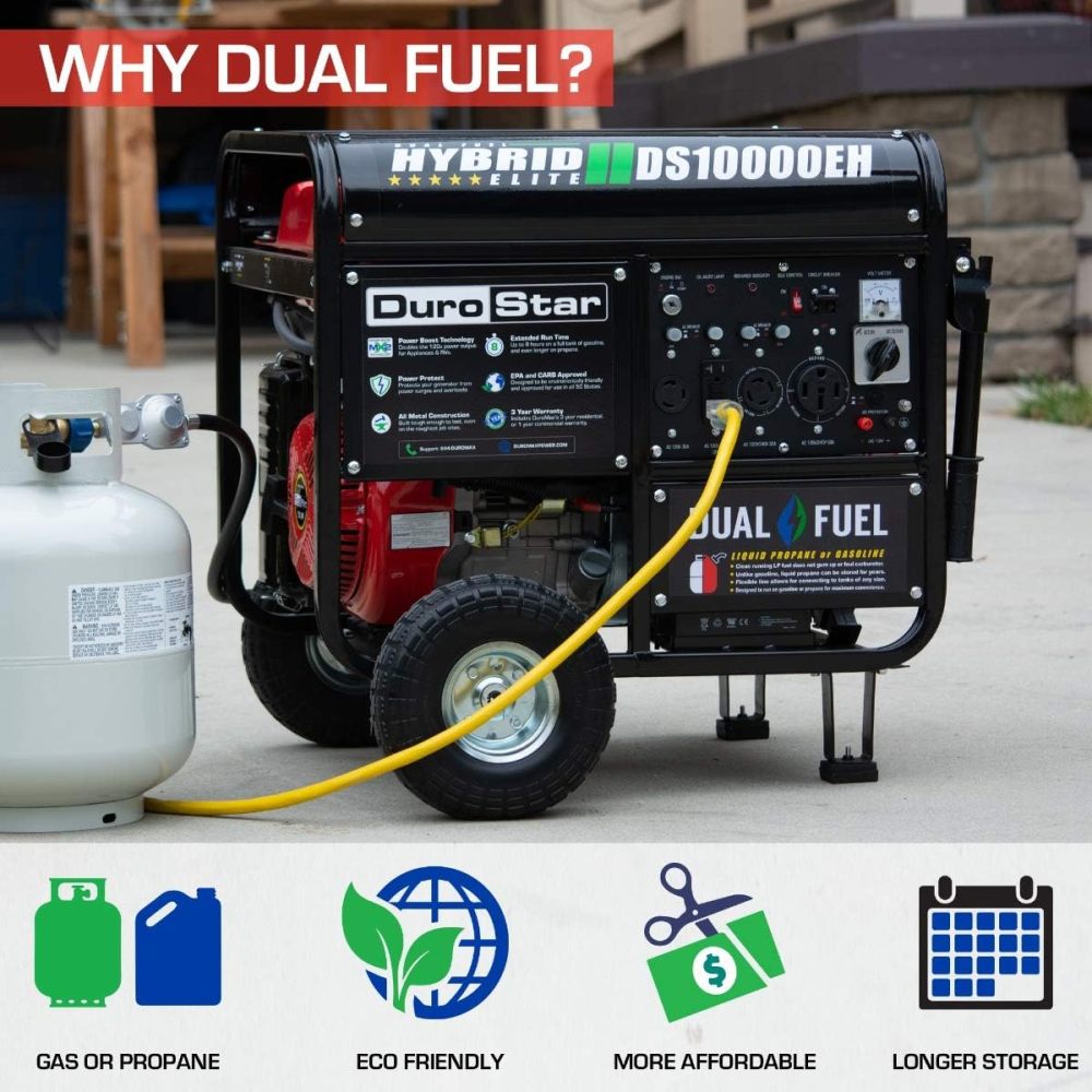 DS10000EH Generador portátil de Doble Combustible, 10000 W, Arranque eléctrico, Respaldo en casa y Listo para RV, Aprobado por 50 Estados, Rojo/Negro