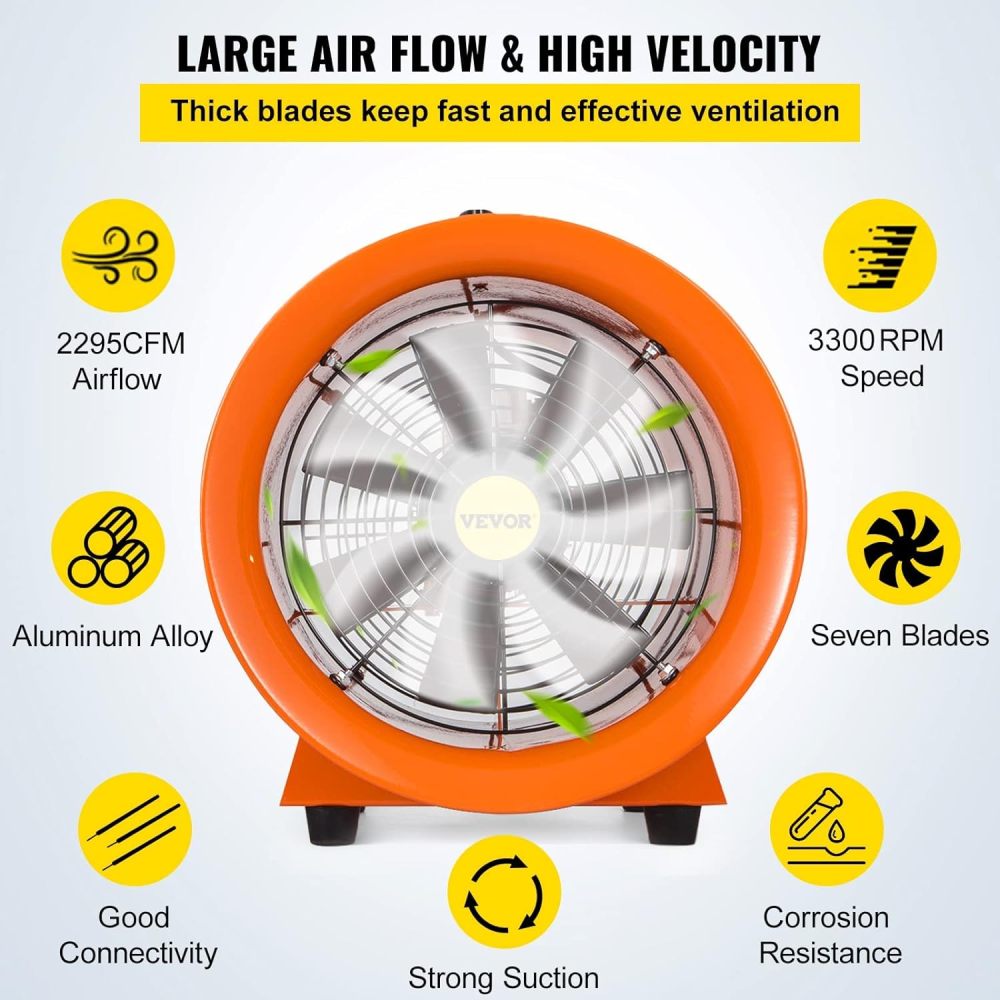 Ventilador de manguera axial para soplador/escape, 12 pulgadas, ventilador portátil de alta velocidad de 3900 m3/h, ventilador extractor de bajo ruido con manguera de conducto de 5 m