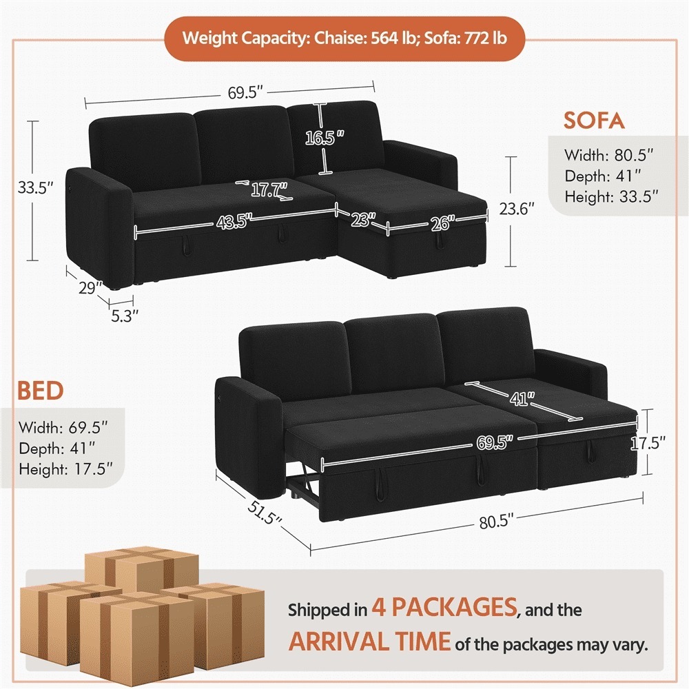 Sofá Seccional Reversible Alden Design con Puertos USB y Type-C para Sala de Estar