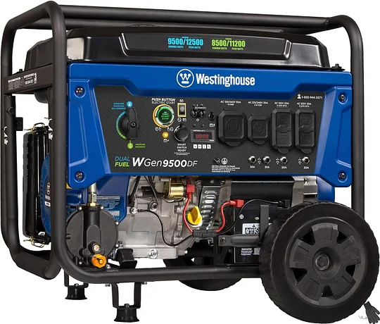 Generador portátil Westinghouse de 12500 W, combustible dual, arranque eléctrico remoto, interruptor de transferencia, alimentado por gas natural y propano