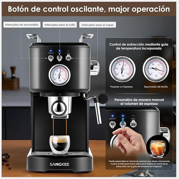 Máquina de Espresso y Capuchino 20 Bares, Cafetera Cápsulas y Café Molido con Espumador de Leche (ESS2)