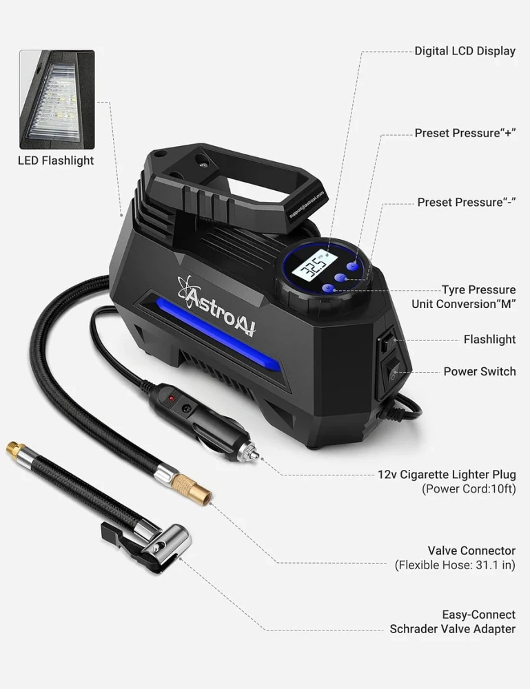 Inflador de Llantas Digital Automatico, Compresor de Aire Portatil para Auto 12V con Bomba Electrico con Pantalla LCD, Luz LED, Kit de Adaptadores y Fusible AMARILLO