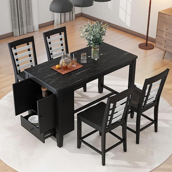 Juego de mesa de comedor de altura de mostrador con 4 sillas, mesa de cocina de madera maciza con gabinete de almacenamiento y cajón, tablero de mesa de mármol sintético, color negro
