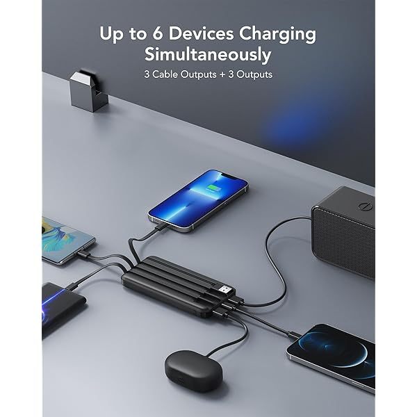 Portable Charger with Built in Cables, Portable Charger with Cords Wires Slim 10000mAh Travel Essentials Battery Pack 6 Outputs 3A High Speed Power Bank for iPhone Samsung Pixel LG Moto iPad A-Black