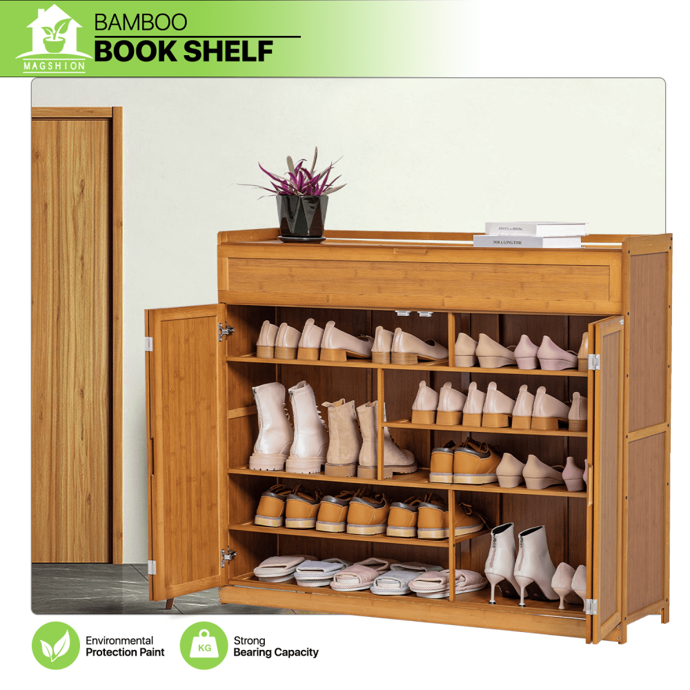 Organizador de zapatos de bambú de 6 niveles con 30 pares de zapatos y compartimento con puerta plegable para tacones y botas, color marrón