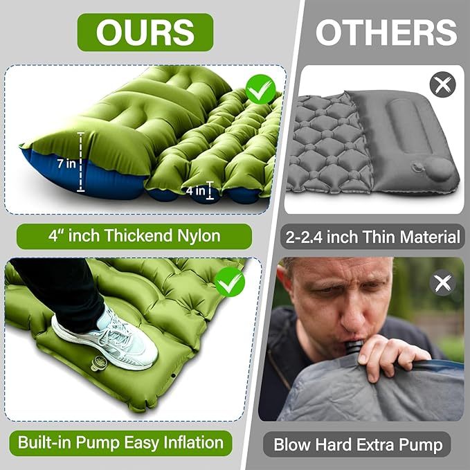 Almohadilla de dormir doble autoinflable de 4 pulgadas extra gruesa para 2 personas con almohada integrada con bomba de pie hinchable