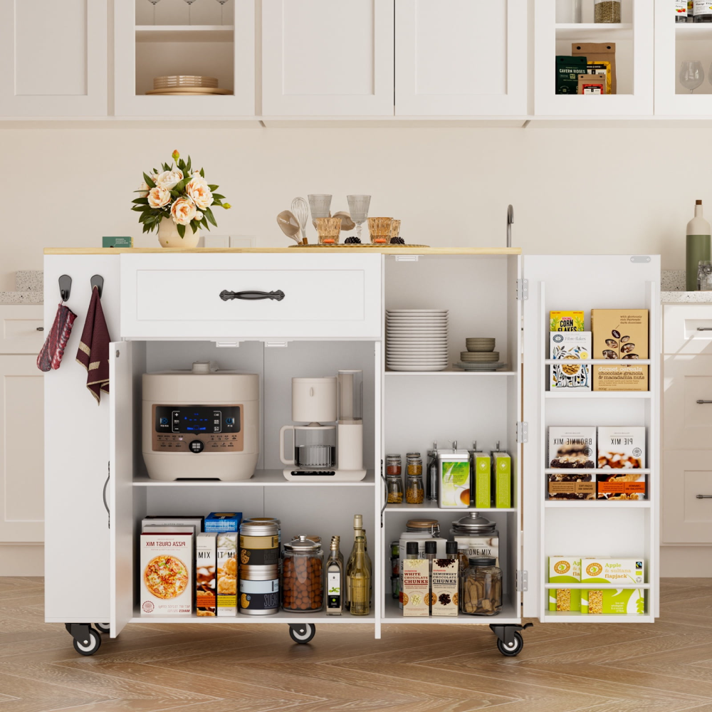 Carrito de cocina con isla de 41,3" con ruedas, tablero abatible y espacio de almacenamiento, color blanco